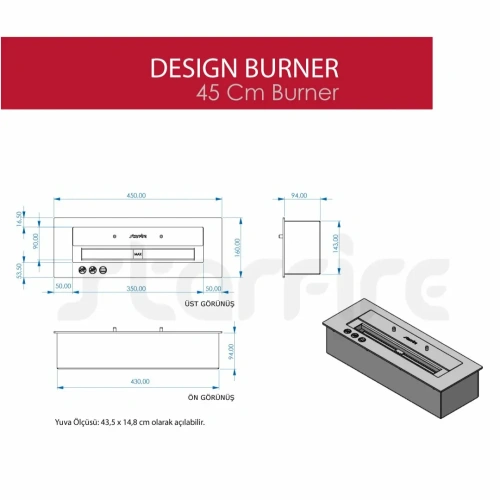 Design Bioethanol 45 cm'lik Şömine Burner AKS2521 ürün küçük galeri görseli