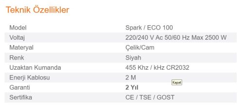 Elektrikli Şömine SPARK ECO 100 ürün küçük galeri görseli