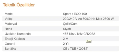 Elektrikli Şömine SPARK ECO 100 ürün küçük galeri görseli